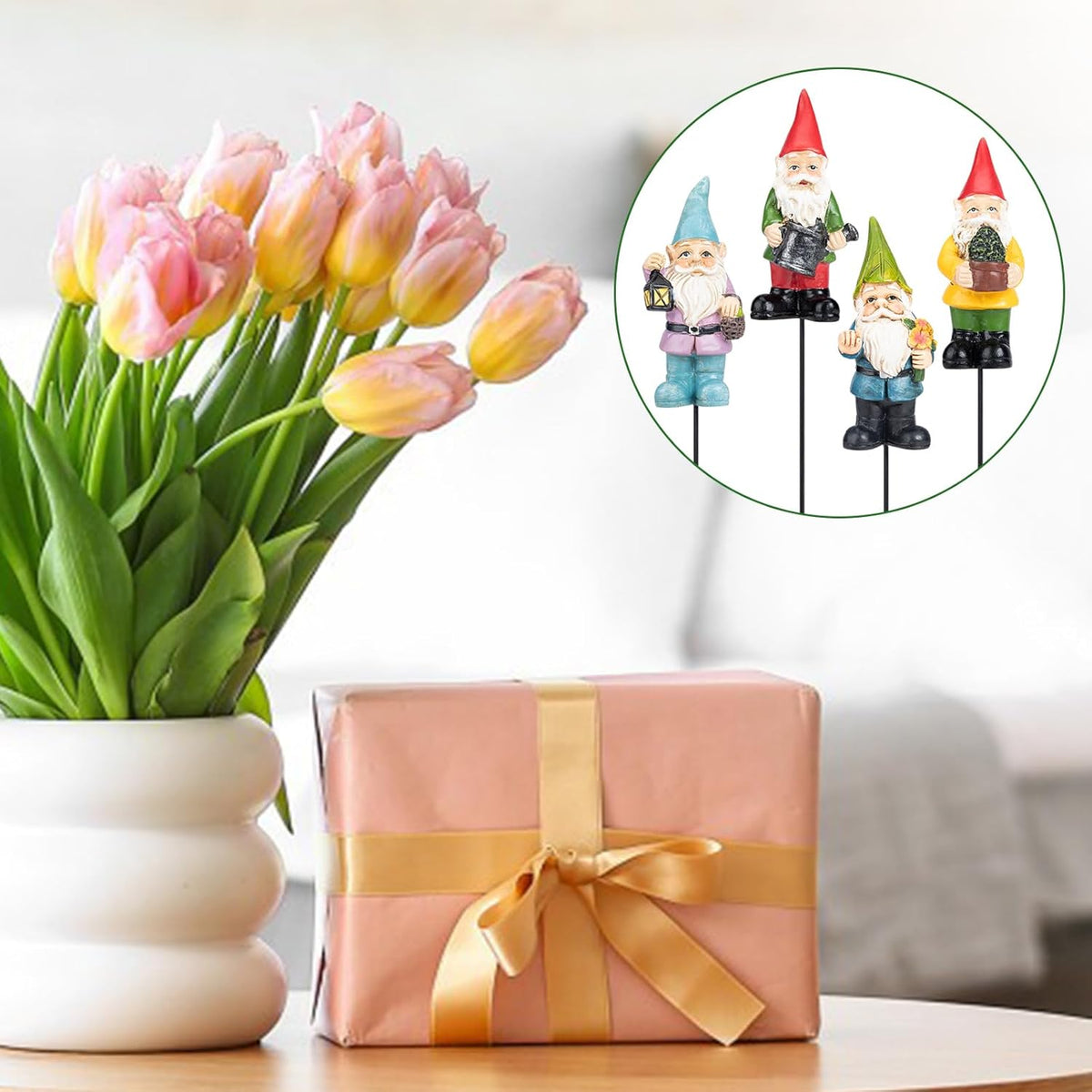 Gnomes Garden Stakes 1.4 Inch Plant Decorations for Pots Indoor Outdoor 4 Pack Miniature Gnomes Decorations for Yard Mini Gnome