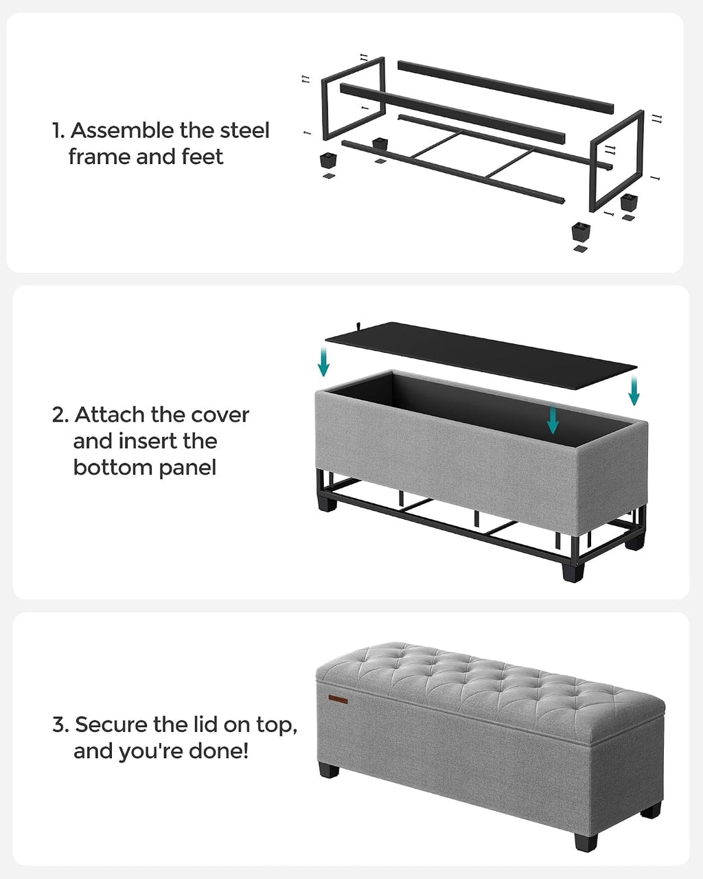 SONGMICS Storage Ottoman Bench, Foot Rest with Legs, Load up to 661.4 lb | End of Bed Bench, Storage Chest, 43.3 x 15.8 x 15.8 Inches, Dove Gray and Ink Black, MELISA Collection ULSF088G02