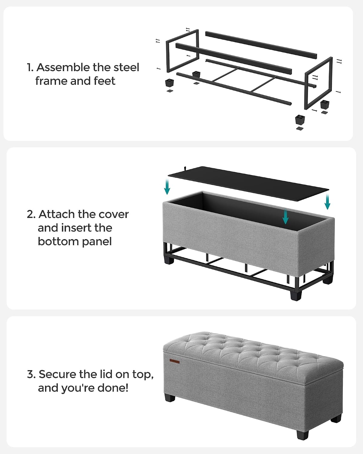 SONGMICS Storage Ottoman Bench, Foot Rest with Legs, Load up to 661.4 lb | End of Bed Bench, Storage Chest, 43.3 x 15.8 x 15.8 Inches, Dove Gray and Ink Black, MELISA Collection ULSF088G02