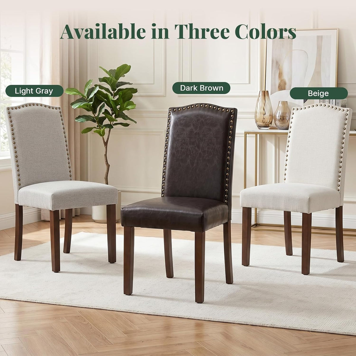 Upholstered Dining Chair Set of 6, Farmhouse Fabric Kitchen Chair | Modern, Padded Seat, Solid Wood Legs, High Back, Nailhead Trim, Living Room, Restaurant, Hotel, Beige
