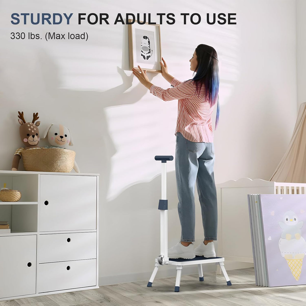Folding Step Stool, Step Stools with Handle for Elderly Adults | Easy Assmbly, Lightweight Metal Stepping Stool with Adjustable Handrail in Kitchen, Bathroom, Bedroom, 330 Lbs Capacity