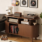 Record Player Stand, Midcentury Modern Furniture Turntable Stand with Sliding Doors, Audio-Video Shelving Cabinet, Fluted Media Stand and TV Stand for Living Room, Bedroom (Walnut) (Large)
