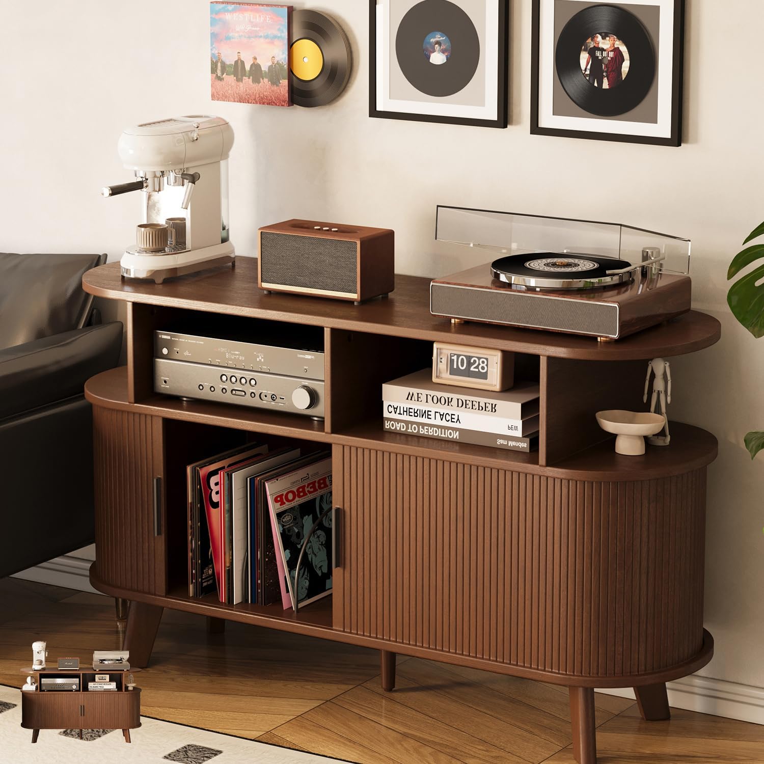 Record Player Stand, Midcentury Modern Furniture Turntable Stand with Sliding Doors, Audio-Video Shelving Cabinet, Fluted Media Stand and TV Stand for Living Room, Bedroom (Walnut) (Large)