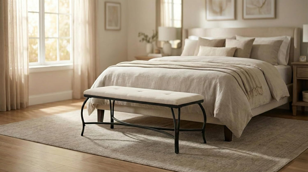 Mango Steam Vienna White Bench - Entryway Bench - Powder Coated, Upholstered, Space Saving