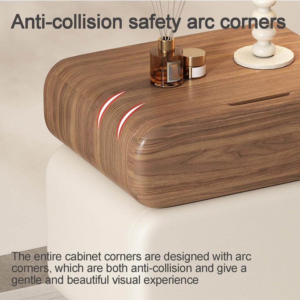 Stylish Rotatable Solid Wood Bedside Table Double Drawers Storage Cabinet with Rounded Corners Ball Feet for Living Room (Brown Khaki,40 cm)