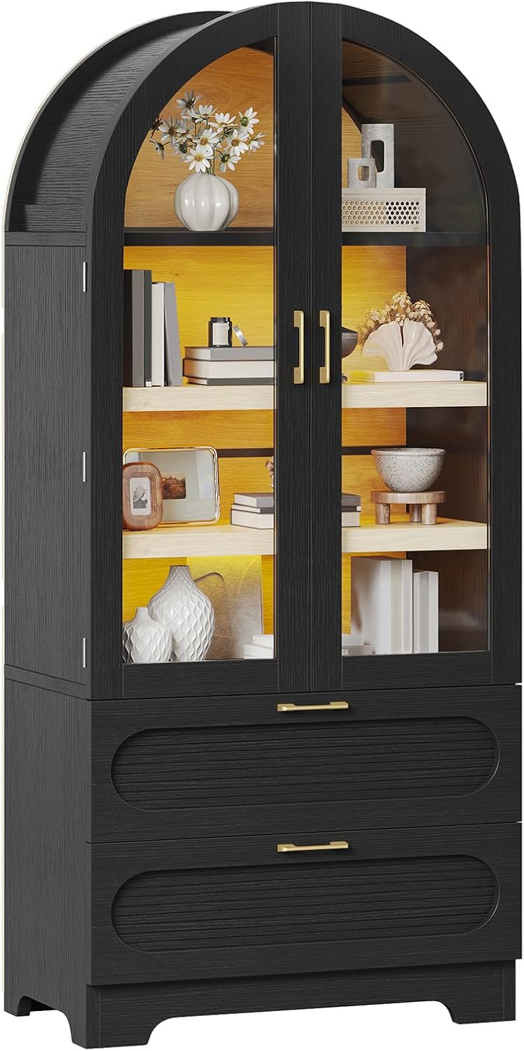 Bestier 71" Arched Kitchen Pantry Cabinet with LED Lights, 15.7" Deep Storage Cabinet with 3 Adjustable Shelves and 2 Drawers, Modern Farmhouse Cupboard for Living Room, Kitchen, Dining Room, Black