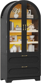 Bestier 71" Arched Kitchen Pantry Cabinet with LED Lights, 15.7" Deep Storage Cabinet with 3 Adjustable Shelves and 2 Drawers, Modern Farmhouse Cupboard for Living Room, Kitchen, Dining Room, Black