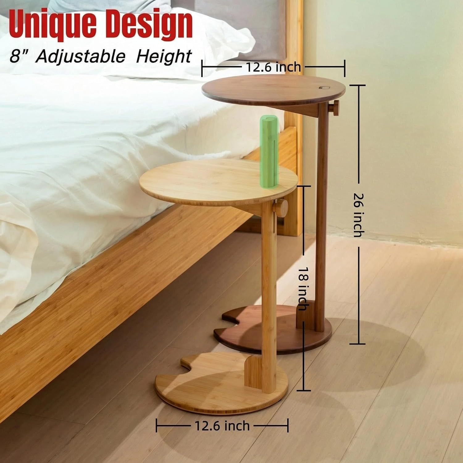 Bamboo Side Table for Sofa - Adjustable Height C Shaped End Tables for Small Spaces, Couch, Bedside, Living Room, 12.6x12.6x26 Inch TV Tray Round Stand for Drink, Snack, Coffee (Walnut)