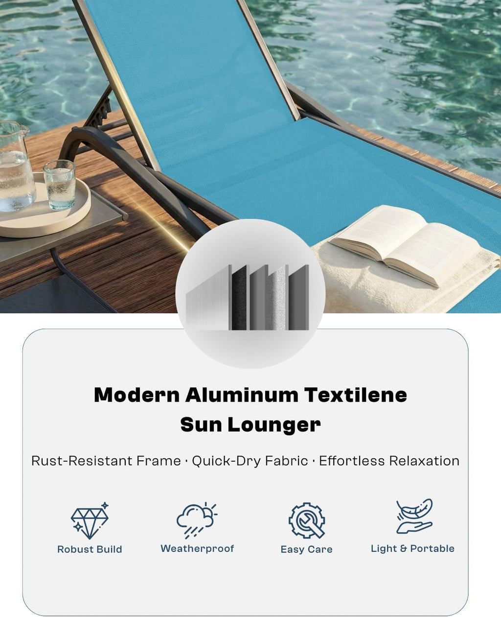 Patio Chaise Lounge Chairs Set of 4, All-Weather Aluminum Pool Loungers for Outside, 5-Position Adjustable Sunbathing Chairs for Tanning, Stackable for Backyard, Poolside, Sky Blue