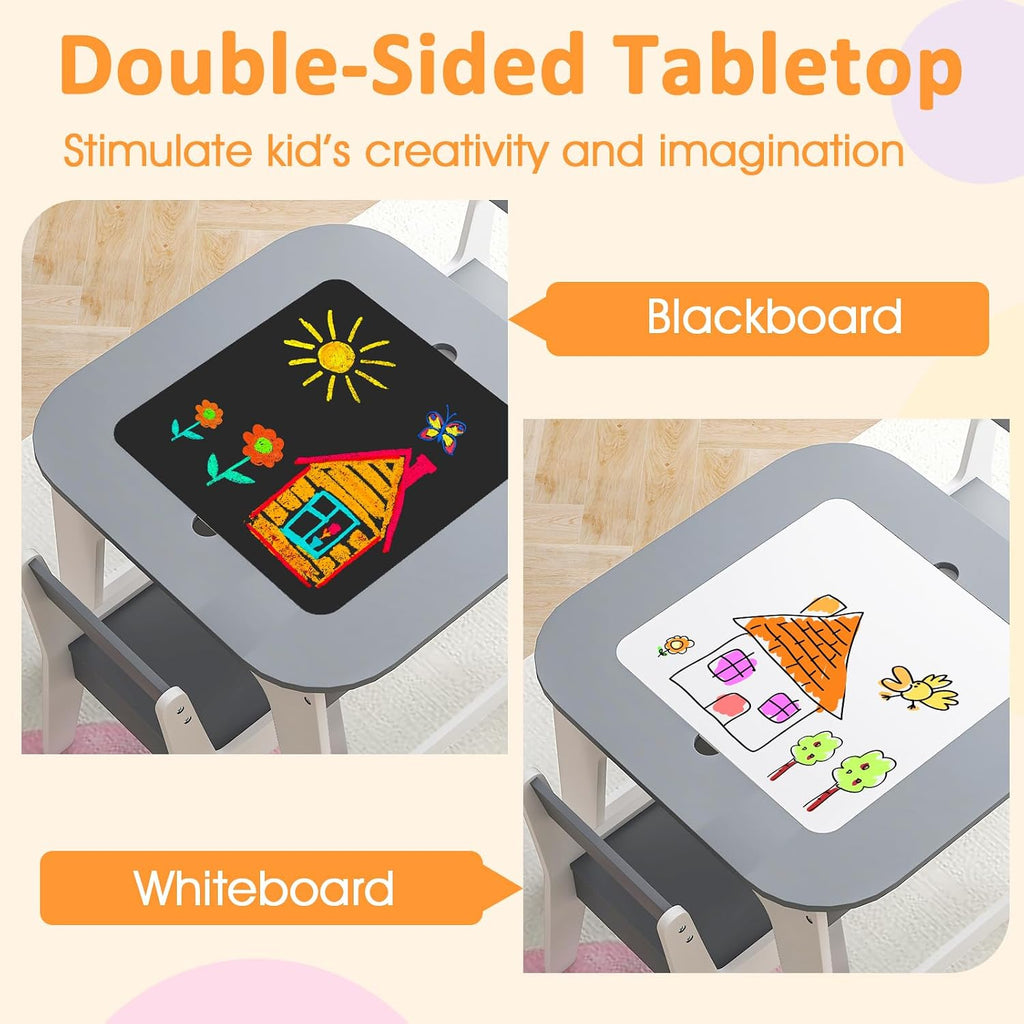HONEY JOY Kids Table and Chair Set, 3-in-1 Children Wooden Activity Table and 2 Chairs for Art Craft, Reversible Blackboard, 3 PCS Toddler Furniture with Storage, Gift for Boys Girls (Gray)