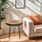 Live Edge End Table, About 15-18" W x 17" H Natural Edge Camphor Wood Stump Side Table for Living Room, Unique Desktop with Metal Hairpin Legs, Natural Wood Nightstand, Plant Stand