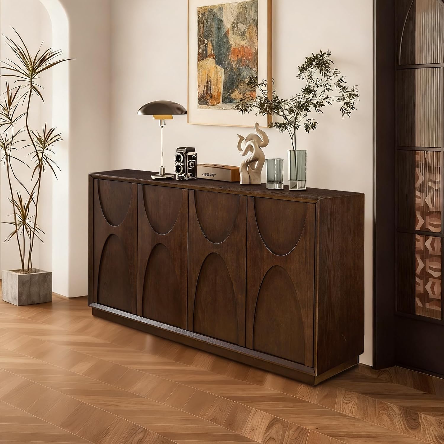Sideboard Buffet Cabinet, Accent Storage Cabinet with 4 Doors and Adjustable Shelf, Farmhouse Mid Century Modern Buffet Sideboard for Living Room, Kitchen, Entry (Walnut)