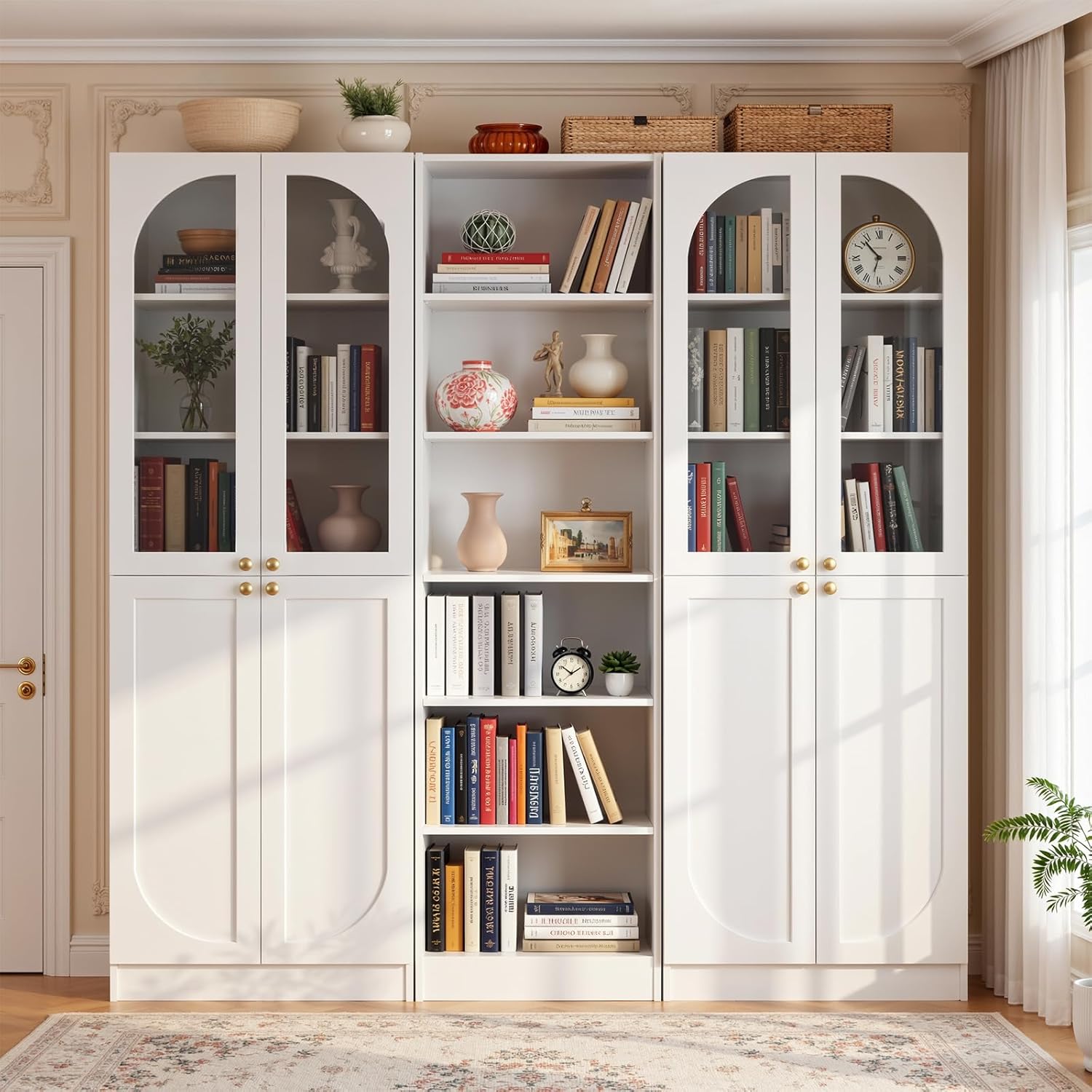 Cyclysio 80" Tall Pantry System with 4 Tempered Glass Doors, Arched Corner Pantries with 6-Tier Open Shelves, Wooden Cupboard Storage Organizer with Baseboard Cutout for Living Room