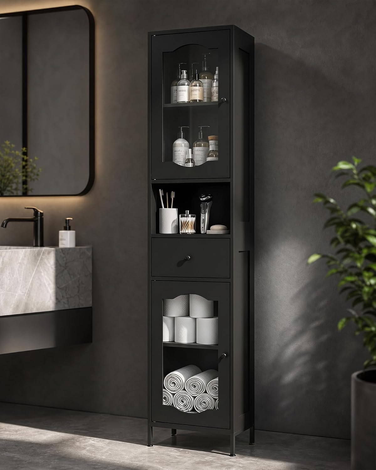 fineway 68"H x 16"W Tall Bathroom Storage Cabinet with Door & Drawer, Black | Clear-View Doors, 6-in-1 Large Capacity Storage, Easy Assembly & 4-Year Warranty, FSC-Certified Wood, Anti-Tip Safety