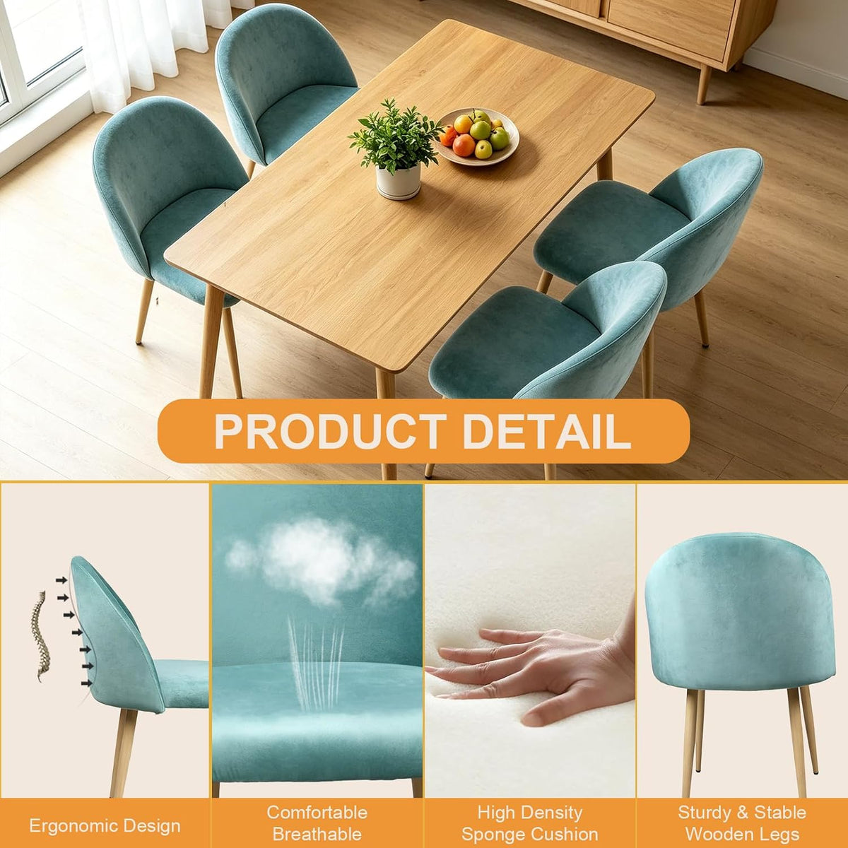 Lightdot Dining Chairs Set of 2, Velvet Upholstered Dining Chairs with Solid Wood Legs, Mid-Century Modern Accent Chair for Kitchen Living Room Bedroom, Assembly Guide Included, Light Green
