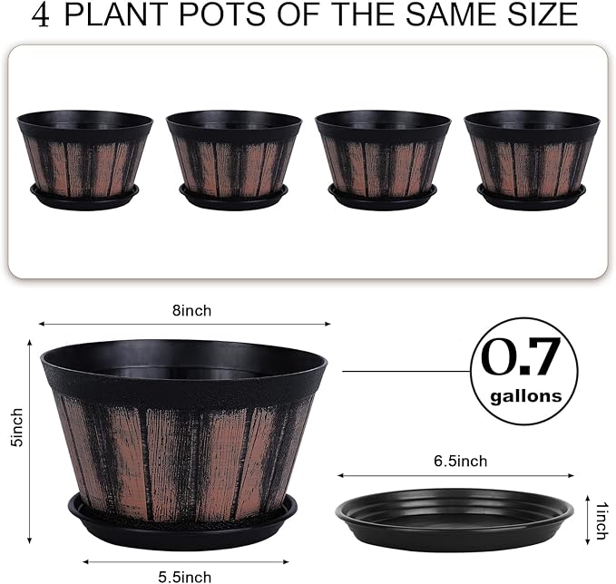 Quarut 8 inch Brown Plastic Whiskey Barrel Plant Pots Set of 4 with Drainage Holes and Saucer for Indoor and Outdoor Garden Home Plants
