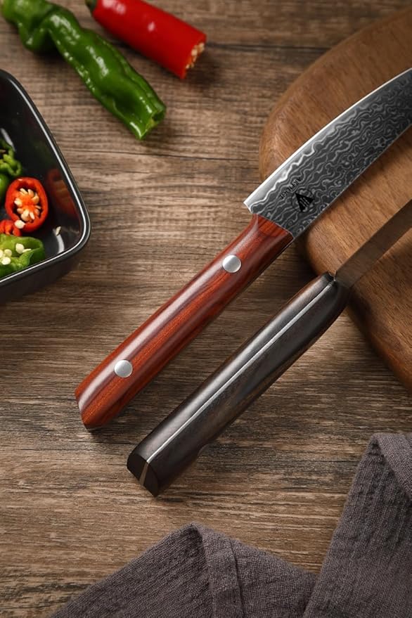 4.7" Paring Knife Damascus Steel Fruit Knives - 67-Layer Forged Kitchen Peeling Knife with Natural Solid Wood Handle Kitchen Utility Knives, 15° Double-Edged Blade, Ultra-Sharp & Durable
