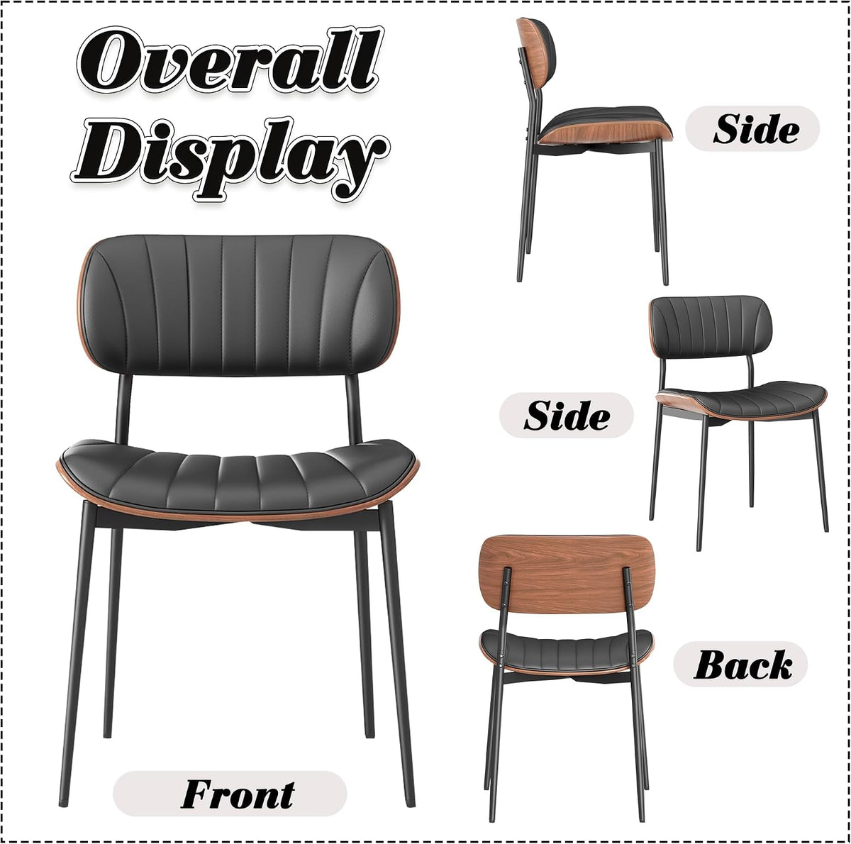 HENGJIANYI Bentwood Dining Chairs Set of 2, Modern PU Leather Dining Room Chairs with Metal Legs, Mid Century Upholstered Kitchen Chairs with Curved Back and Seat, Black