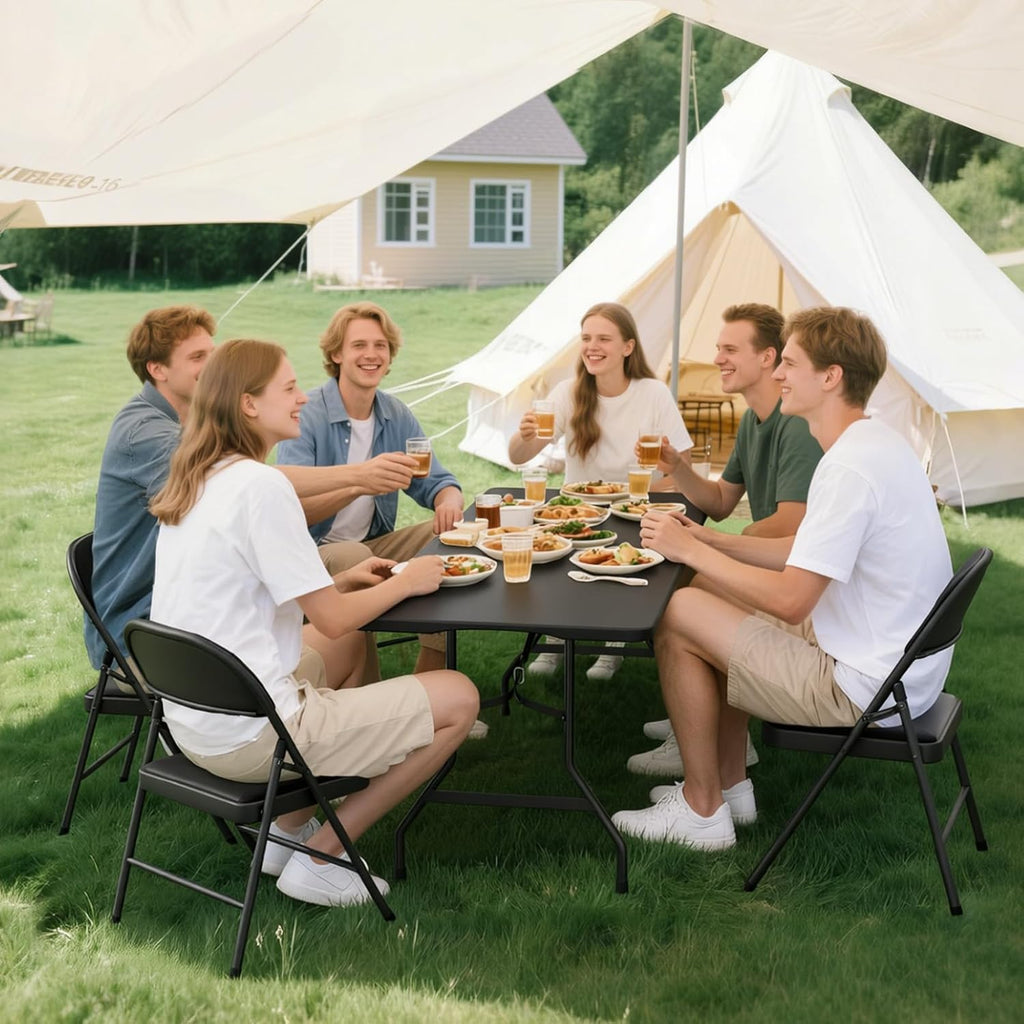 6FT Black Plastic Folding Table Set with 6 Black PU Padded Chairs | Portable Foldable Tables and Chairs for Parties Picnic Events Office Dining Outdoor Activities Home and Commercial Use