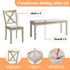 AMERLIFE 6-Piece Farmhouse Dining Table Set for 6-7, 71" Solid Wood Kitchen Table and Chairs, 1 Dining Table, 4 Upholstered Chairs and 1 Bench, Rustic Dining Room Set, Rustic White