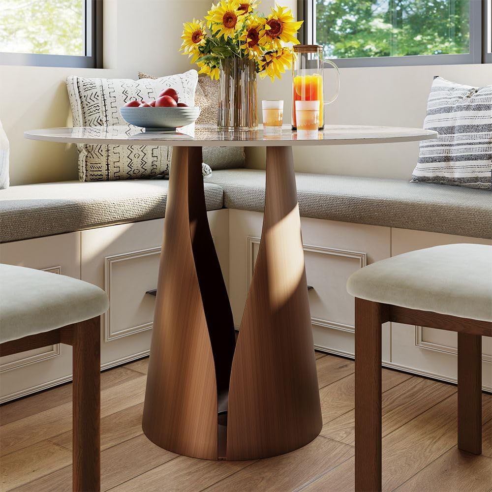 POVISON 35" Round Dining Table, Sintered Stone Top with Metal Pedestal Base, Modern Kitchen Table for Small Spaces, Seats 2-4,Pandora & Bronze(Table Only)