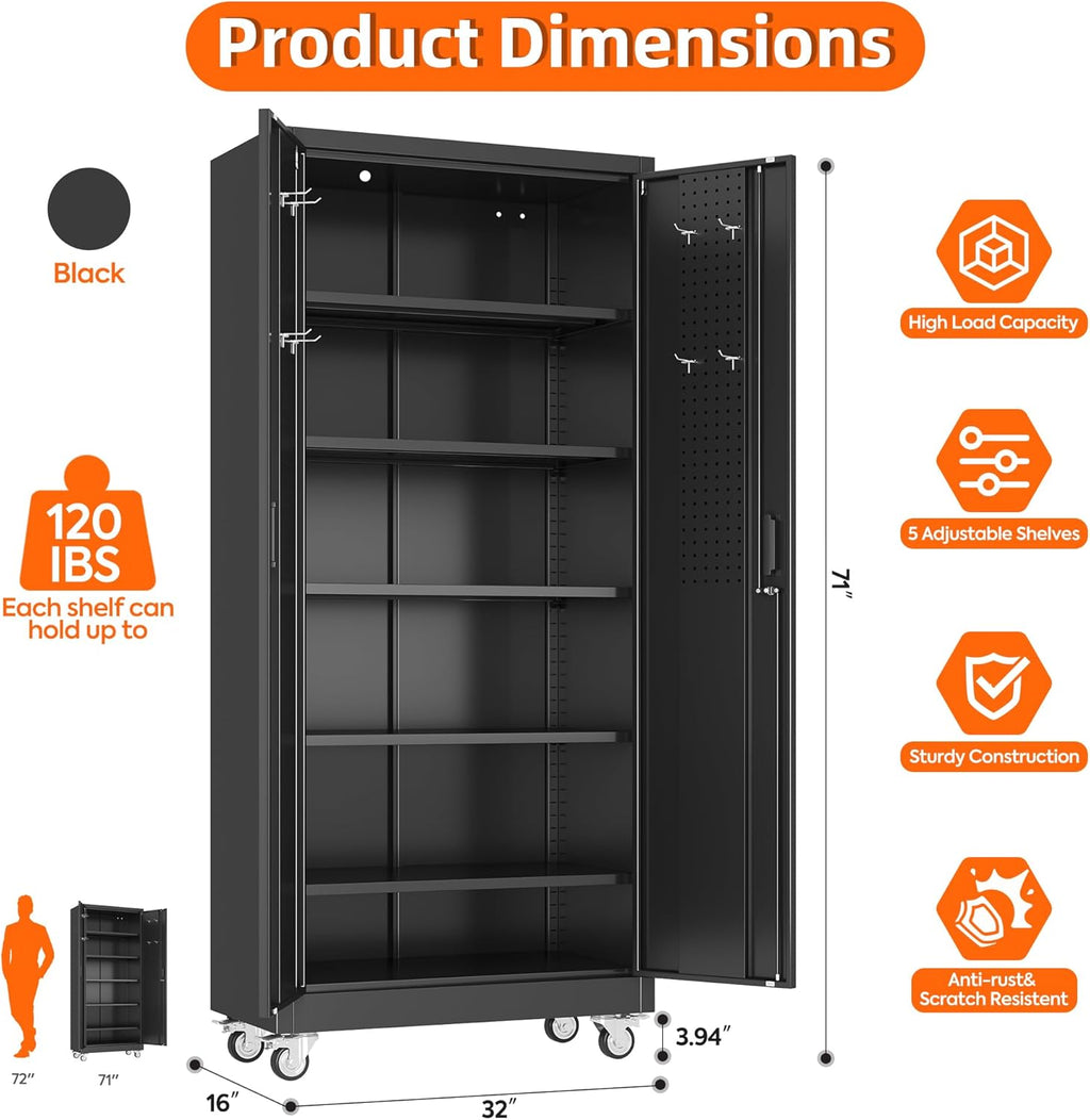 SUXXAN 71" Metal Storage Cabinet with Wheels, Pegboard, Lock, 5 Shelves | Locking steel cabinet with wheels, pegboard and 5 shelves for garage, workshop, office or pantry; assembly required.