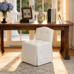 White Tufted Makeup Vanity Chair with Wheels, Small Upholstered Skirted Slipper Accent Chair with Low Back & Metal Legs, Armless Rolling Vanity Stool Desk Chair for Living Room Bedroom