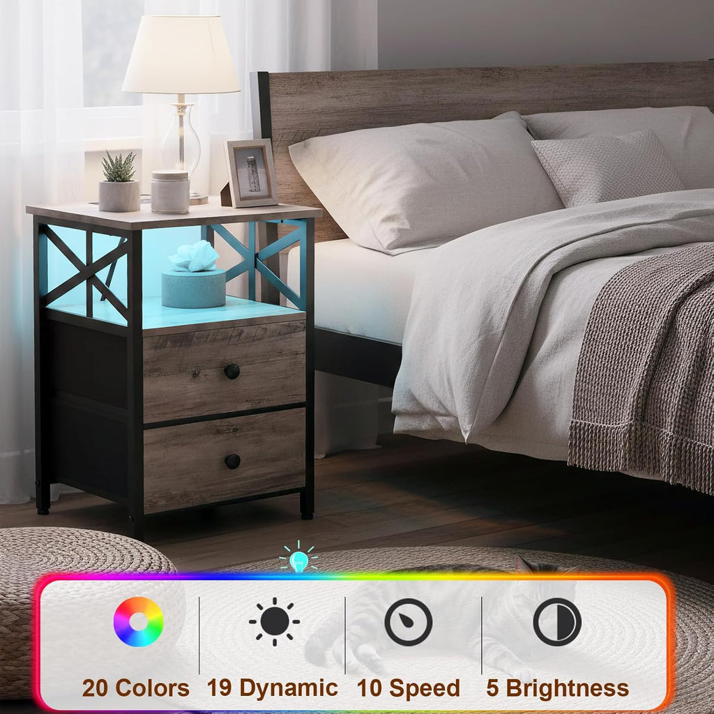 AMHANCIBLE Nightstands Set of 2 with Charging Station and LED Lights | Large Bedside Tables with USB Ports and AC Outlets, 2 Fabric Drawers, Modern Night Stand for Bedroom, Grey