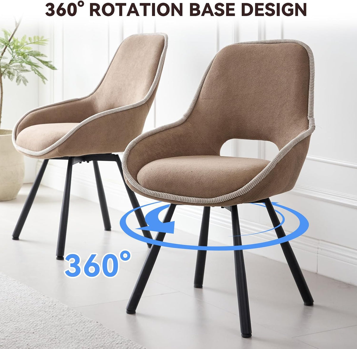 Dining Chair Set of 2, Upholstered 360° Swivel Chairs, Brown | Modern Dining Chairs With Thickened Cushion, Ergonomic Design & Adjustable Foot Pads, for Living Room, Bedroom and Restaurant