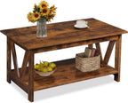 WLIVE 39.4" Farmhouse Coffee Table, Wood Center Table Storage Dark Brown