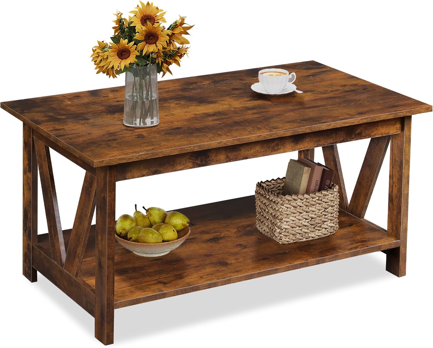 WLIVE 39.4" Farmhouse Coffee Table, Wood Center Table Storage Dark Brown