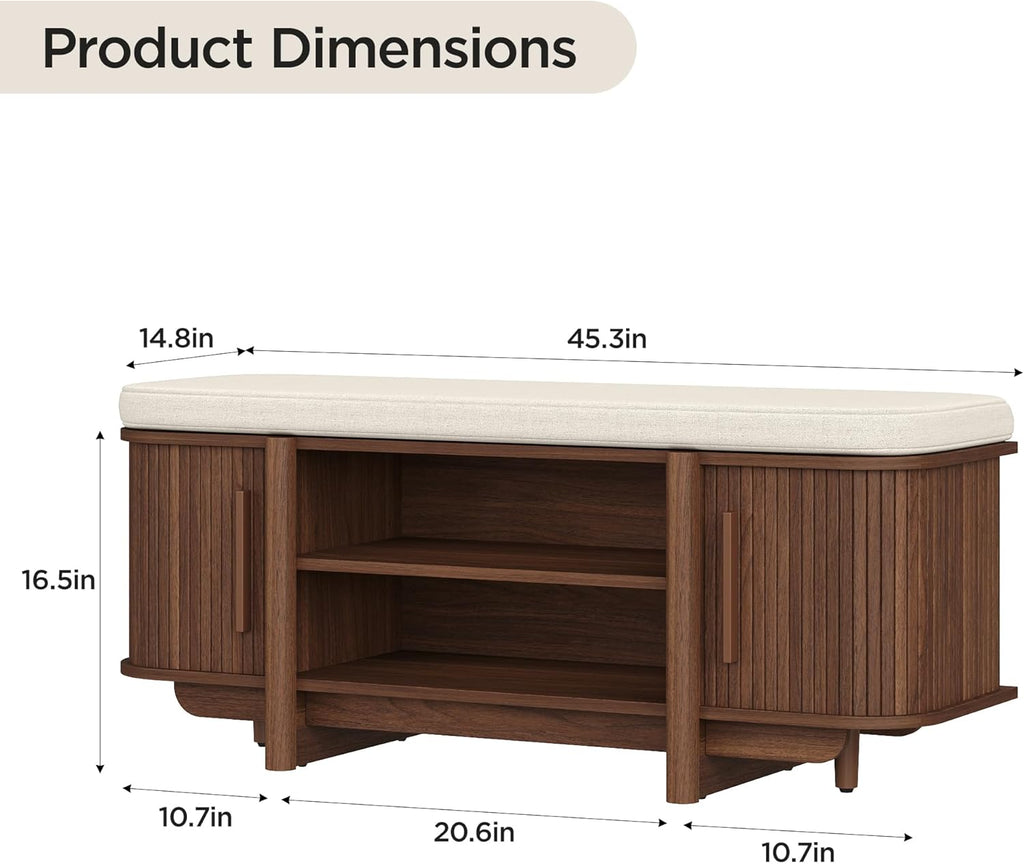 Maupvit Entryway Shoe Storage Bench with Sliding Doors, 2-Tier Upholstered Shoe Rack Bench with Hidden Storage, Wooden Shoe Organizer with Padded Cushion for Hallway, Mudroom, Bedroom, Walnut Finish