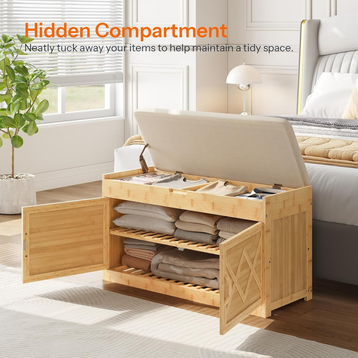 HOOBRO Shoe Bench, Shoe Storage Bench with Cushion, Bamboo Entryway Bench with Hidden Compartment, Storage Bench with Lift Top and 2 Door, for Living Room, Bedroom, Hallway, Beige and Natural YE60HX01