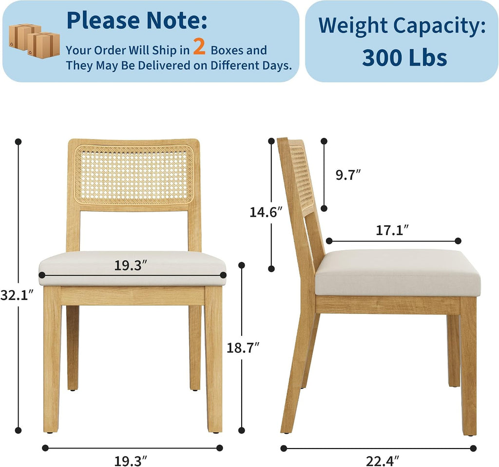 Garvee Rattan Dining Chairs Set of 4, French Country Upholstered Dining Chairs Wood Frame, Rattan Backrest, Armless Chair for Kitchen Restaurant Dining Room Bedroom, Linen, Natural