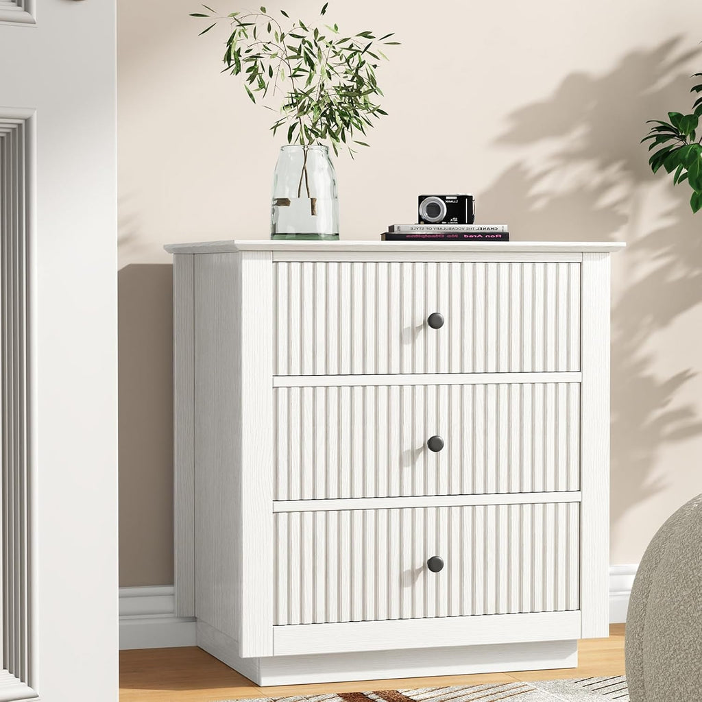 24" Wide Nightstand with Charging Station, Modern Fluted Bedroom Nightstand with Drawers, Wood Night Stand with Storage and Outlet, Large Bedside Table for Bedroom, White