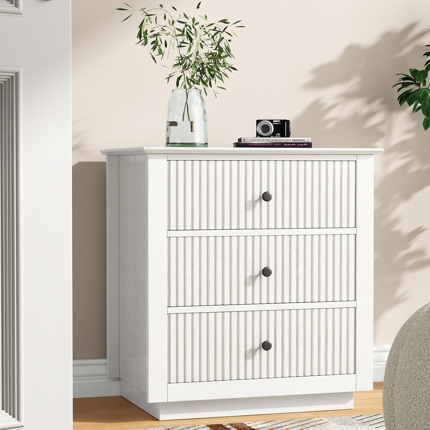 24" Wide Nightstand with Charging Station, Modern Fluted Bedroom Nightstand with Drawers, Wood Night Stand with Storage and Outlet, Large Bedside Table for Bedroom, White