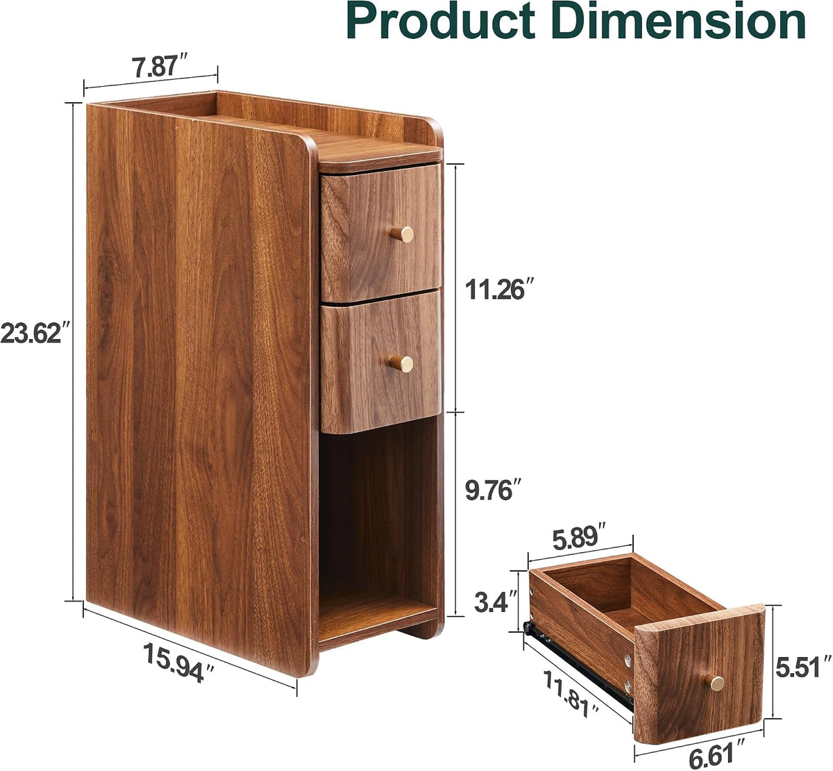Narrow End Table Bedroom, Wooden Small 2 Drawer Nightstand, Thin Couch Side End Table, Skinny Bedside Table Small Spaces, Mid Century Modern Night Stand with Drawers (Walnut-1 pc)