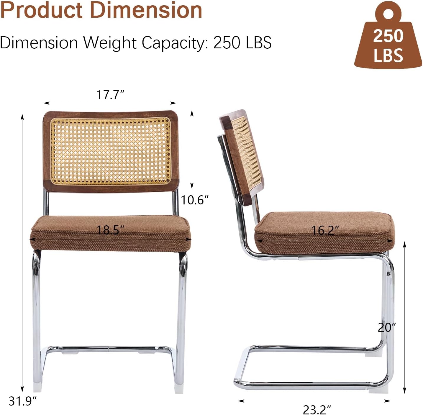 Rattan Back Linen Dining Chair Set of 4 Modern Stainless Chrome Base Armless Upholstered Side Chair for Dining Room, Kitchen Island,Coffee