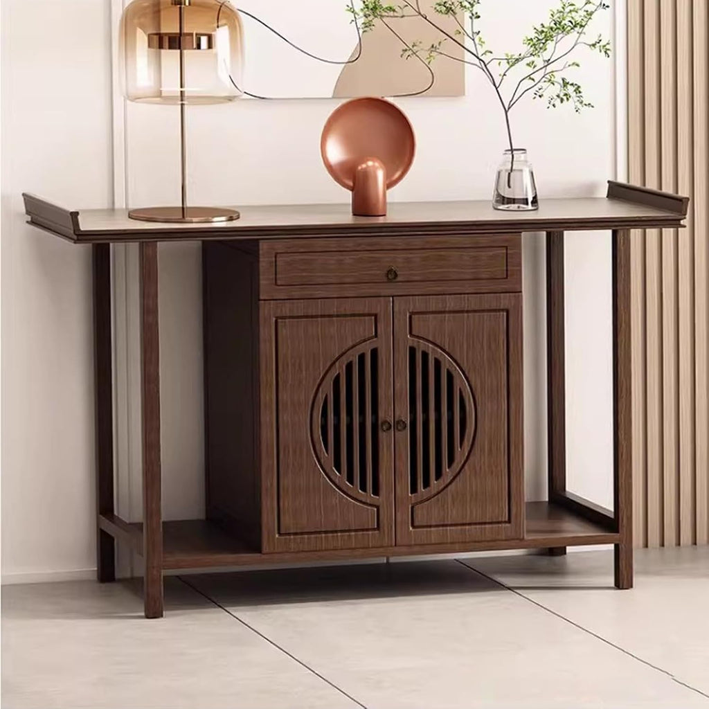 Personal Shrine Meditation Table with Storage Cabinet and Drawer | Pedestal Offering Stand Prayer Table, Sturdy Structure, For Living Room, Office(Brown,100cm/39.3in)