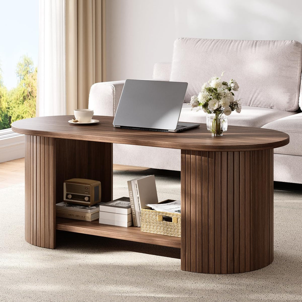 42" Oval Fluted Coffee Table, 2-Tier Center Table with Large Storage, Mid-Century Modern Wood Coffee Table for Living Room, Home Office, Small Space, Walnut