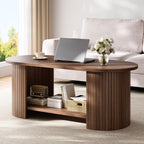 42" Oval Fluted Coffee Table, 2-Tier Center Table with Large Storage, Mid-Century Modern Wood Coffee Table for Living Room, Home Office, Small Space, Walnut