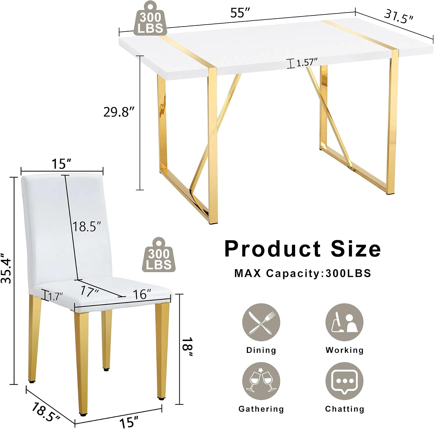 55" White Dining Table Set for 4, Modern Dining Table Set for 4, White Glossy Table with White Faux Leather Chairs, Gold Metal Frame Breakfast Table Set for 4 Ideal for Dining Room,Small Space