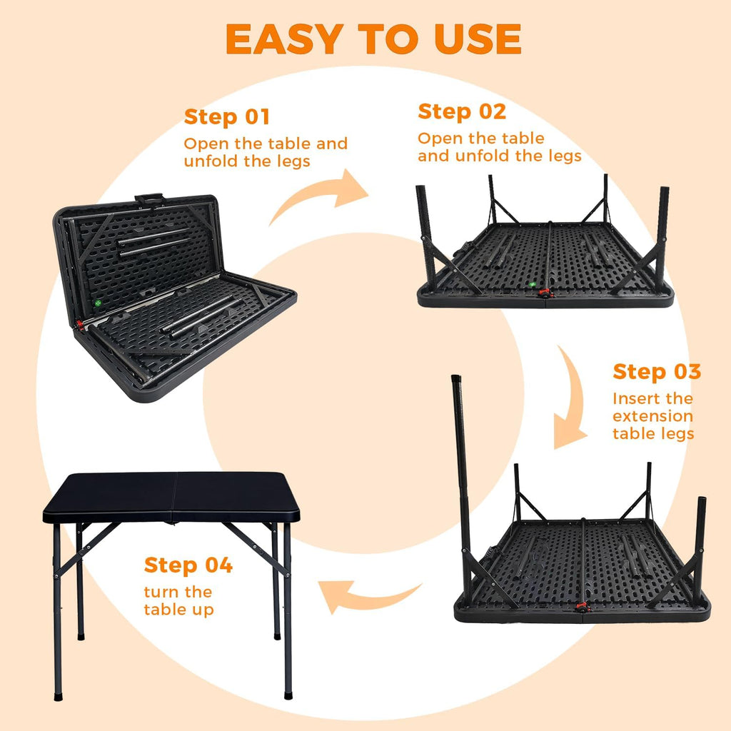 34" Square Folding Table, Portable Folding Card Table with Collapsible Legs & Carrying Handle, Plastic Tables for Camping,Picnic, Office, Party,Black