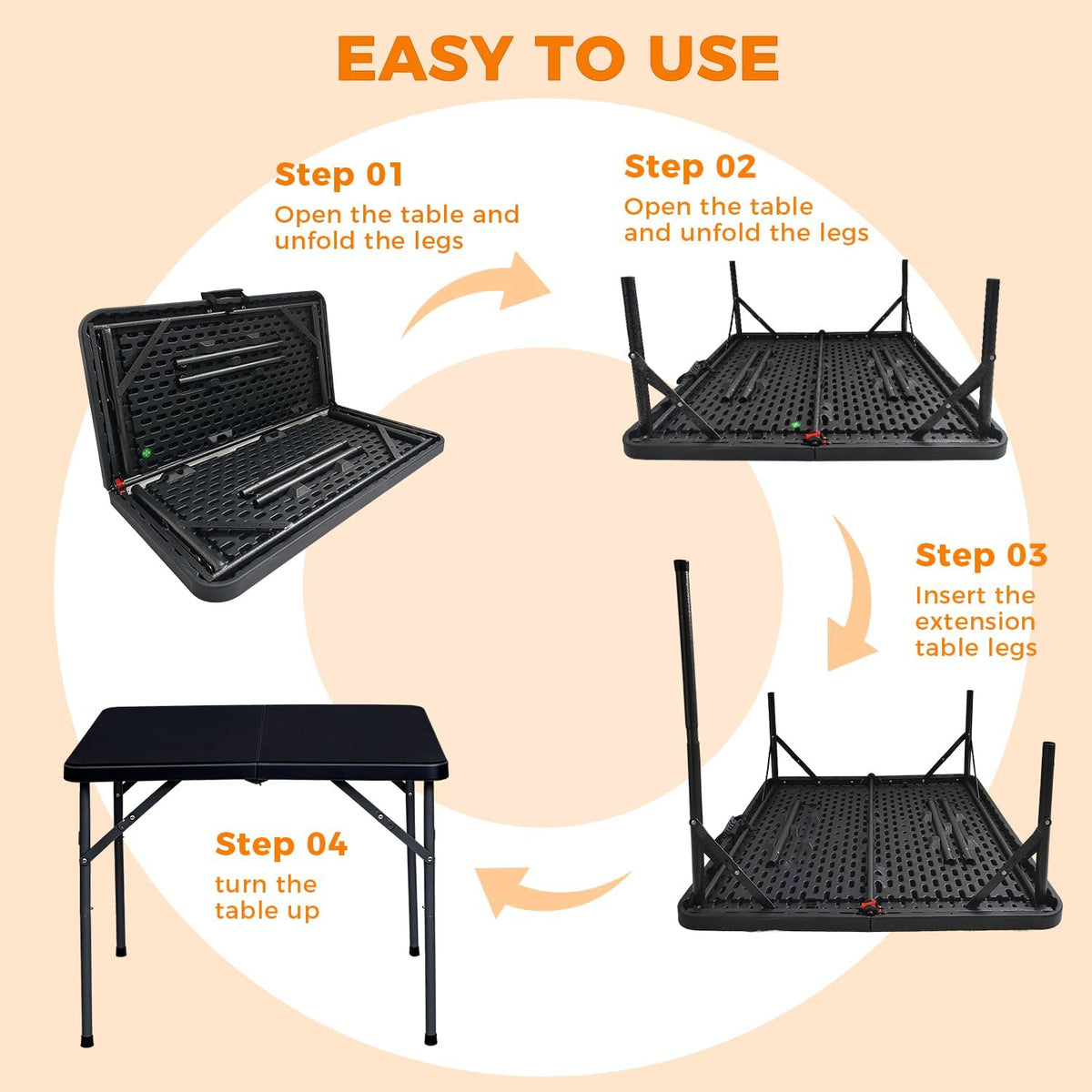 34" Square Folding Table, Portable Folding Card Table with Collapsible Legs & Carrying Handle, Plastic Tables for Camping,Picnic, Office, Party,Black
