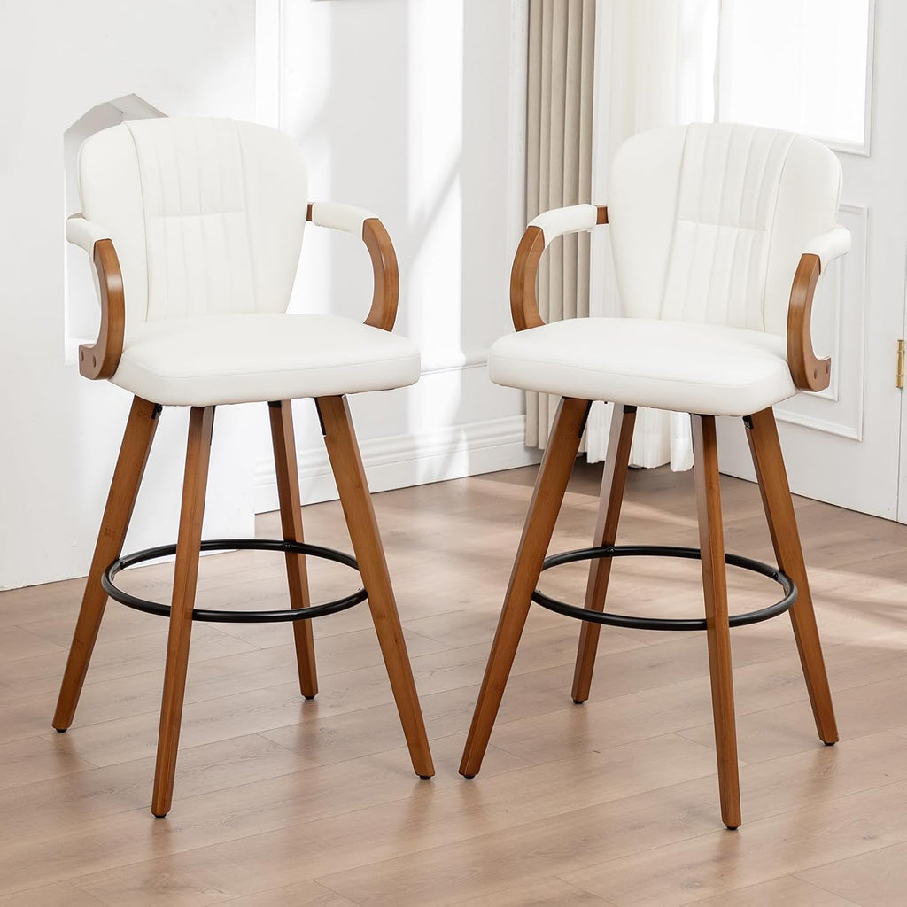 26" Swivel Counter Height Bar Stools with Back White Faux Leather Kitchen Island Bar Chairs with Arms,Spliced Pleated Wingback Barstools for Bar/Kitchen/Dining Room,Set of 2