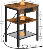 HOOBRO Side Table with Charging Station and USB Port, Small End Table for Small Space, 3-Tier Nightstand with Adjustable Shelf, for Living Room, Bedroom, Rustic Brown BF112BZ01