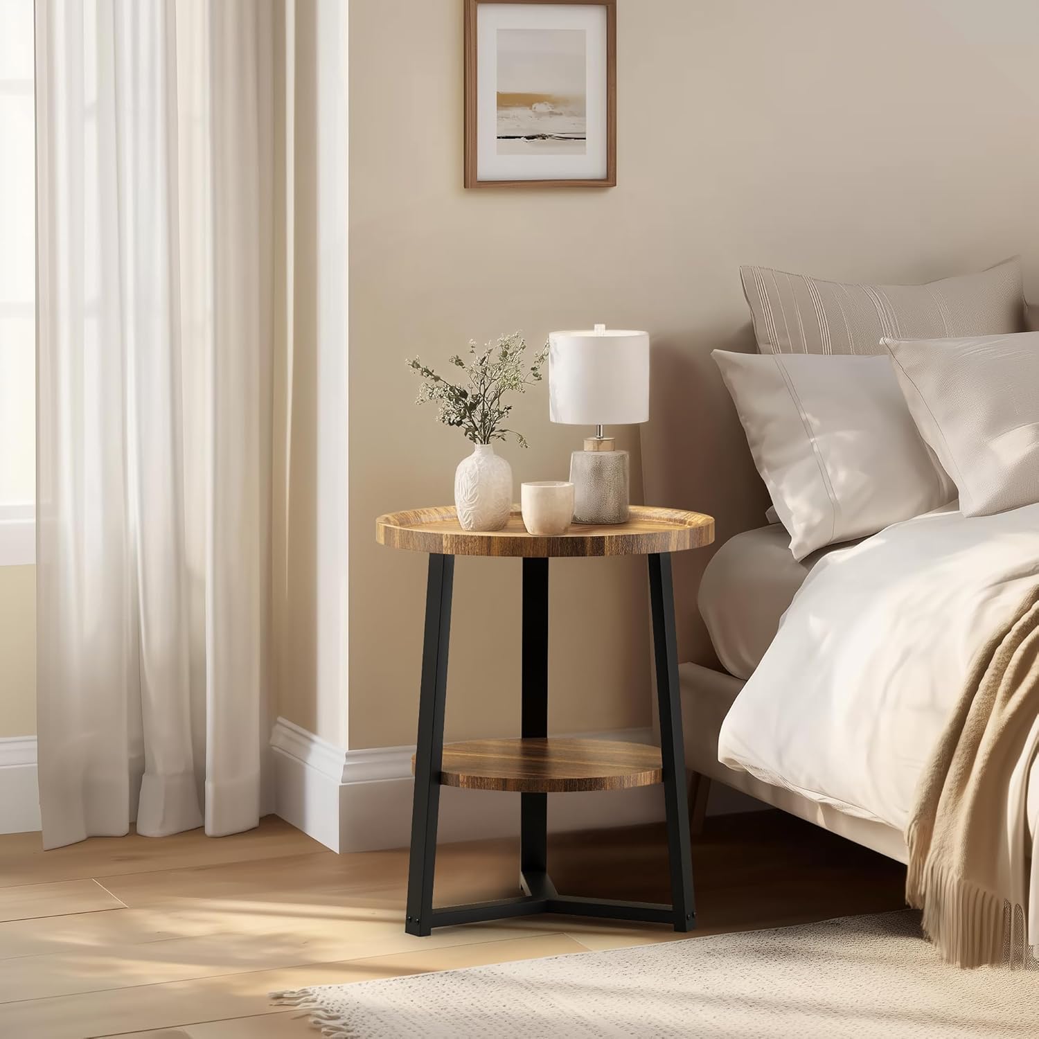 PPAMAPIC Round End Table, 2 Tier Side Table with Storage Shelf, Nightstand Accent Table for Living Room Bedroom Small Space, Black Metal Frame, 19.7" D x 23.6" H, Rustic Brown