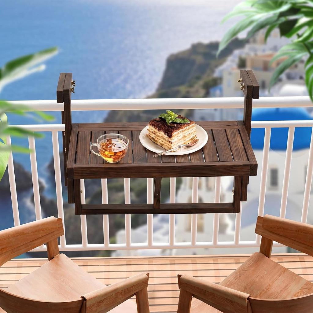 VINGLI 22in Acacia Wood Folding Balcony Hanging Table – Adjustable Height & Width, Balcony Railing Table Ideal for Different Railing Widths, Perfect for Balcony, Patio, Rectangular,Carbonized Color