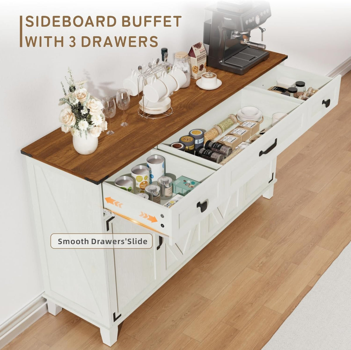 Farmhouse Buffet Cabinet with Drawers, 55" Large Sideboard Kitchen Buffet Storage Cabinet with 3 Adjustable Shelves and Doors Heightened Table Wood Coffee Bar for Kitchen Living Room, Off-White