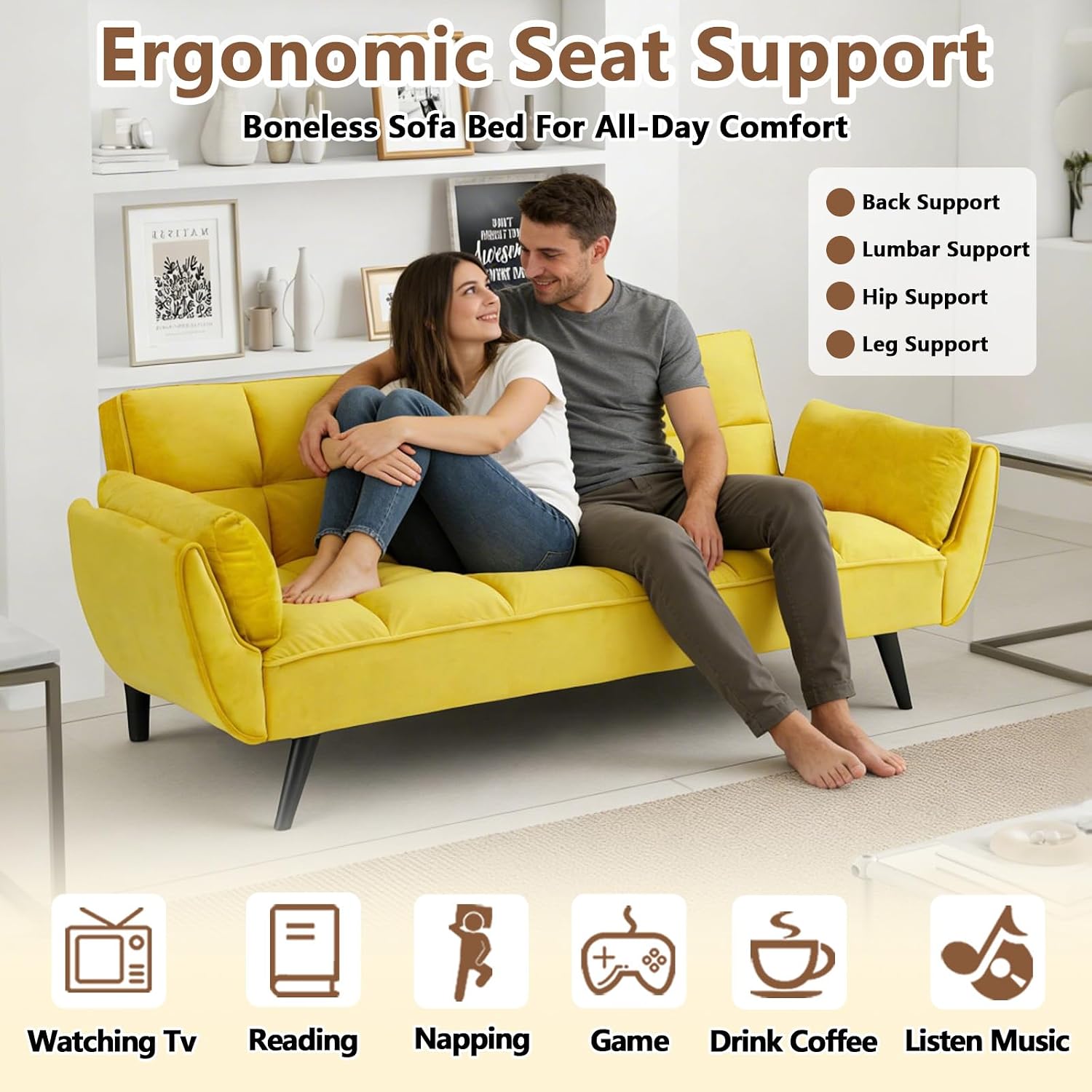 Convertible Folding Sofa Bed Futon,Modern Velvet Sleeper Bed Couches with 4 Adjustable Backrest Armrest,74"Comfy Recliner Sofa Loveseat with Chrome Legs for Living Room Apartment Small Home (Yellow)